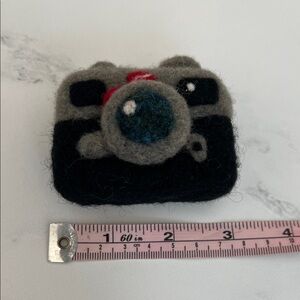 Handmade Felt Camera Pin - Black and Gray with Blue Lens